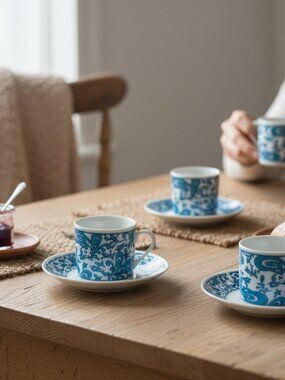 Vintage Blue Paisley Demi-Tasse Espresso Cups & Saucers Set of‎ 4 Bone China
